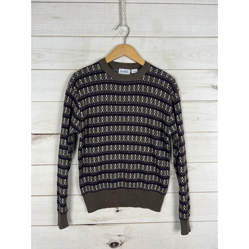 Jean Bell Sweater Womens Medium Brown Fair Isle Knit Crewneck Retro Pullover